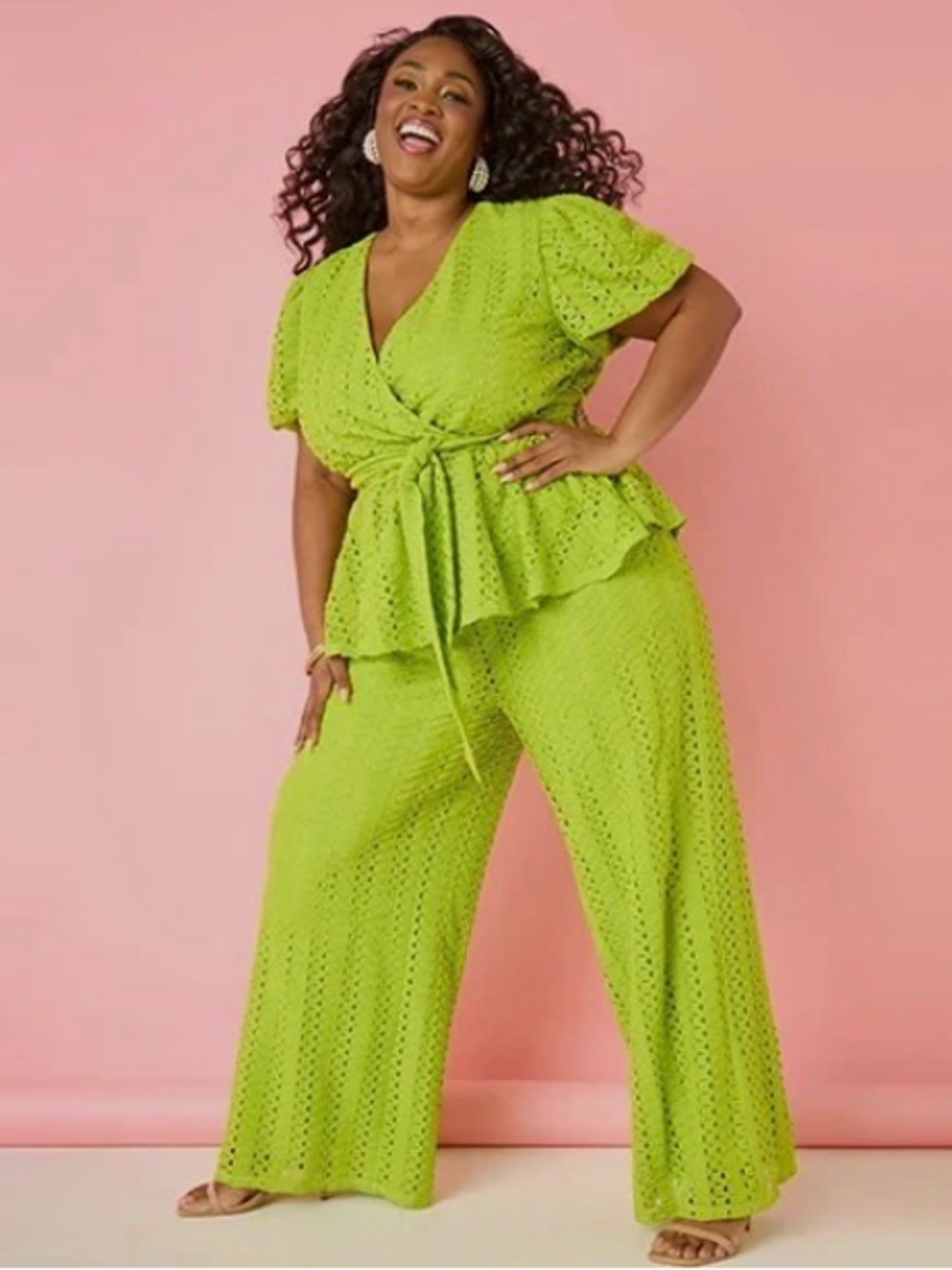 Ashley Stewart Neon Lime Eyelet Peplum (2pc)